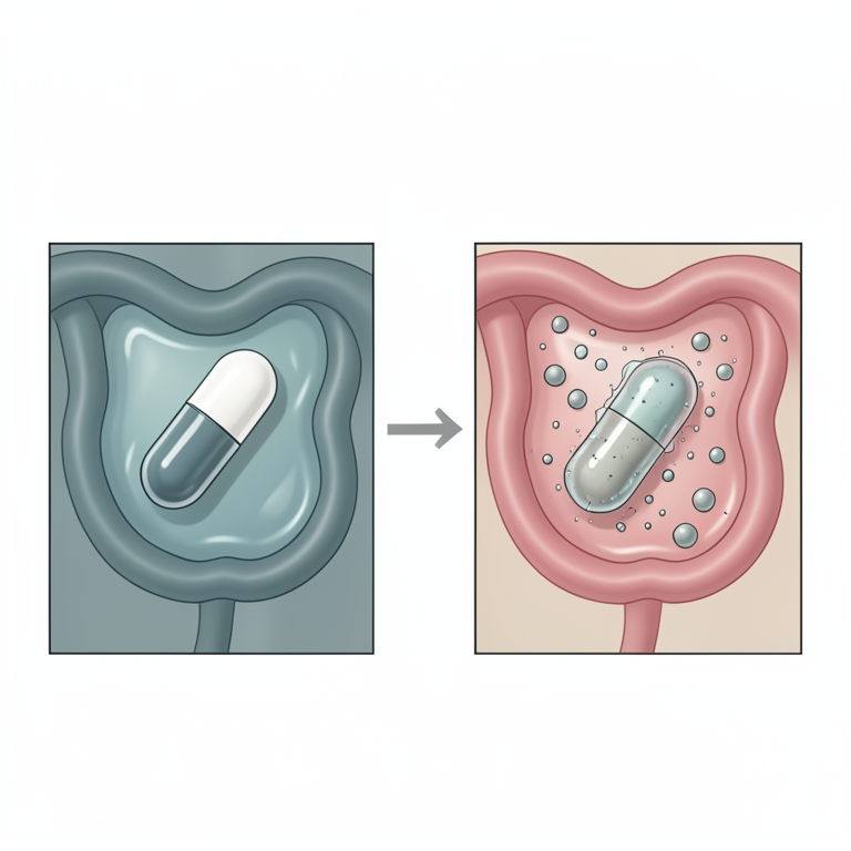 AI-generated conceptual illustration (enteric-coated capsules in a human digestive tract). It explains the idea and does not show study data.
