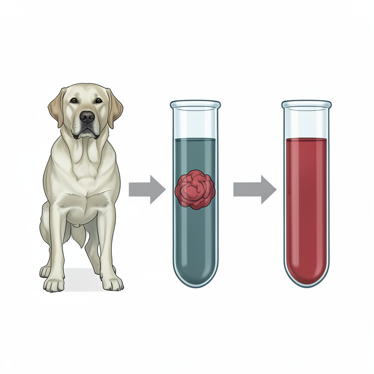 AI-generated conceptual illustration (Labrador retriever and blood samples in glass tubes). It explains the idea and does not show study data.