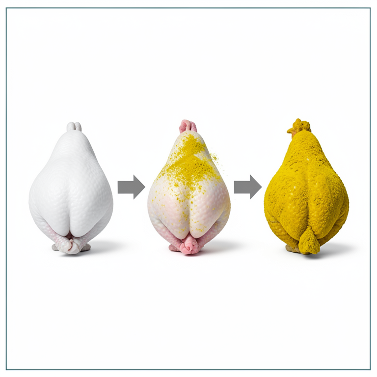 AI-generated conceptual illustration (broiler chicken carcasses). It explains the idea and does not show study data.