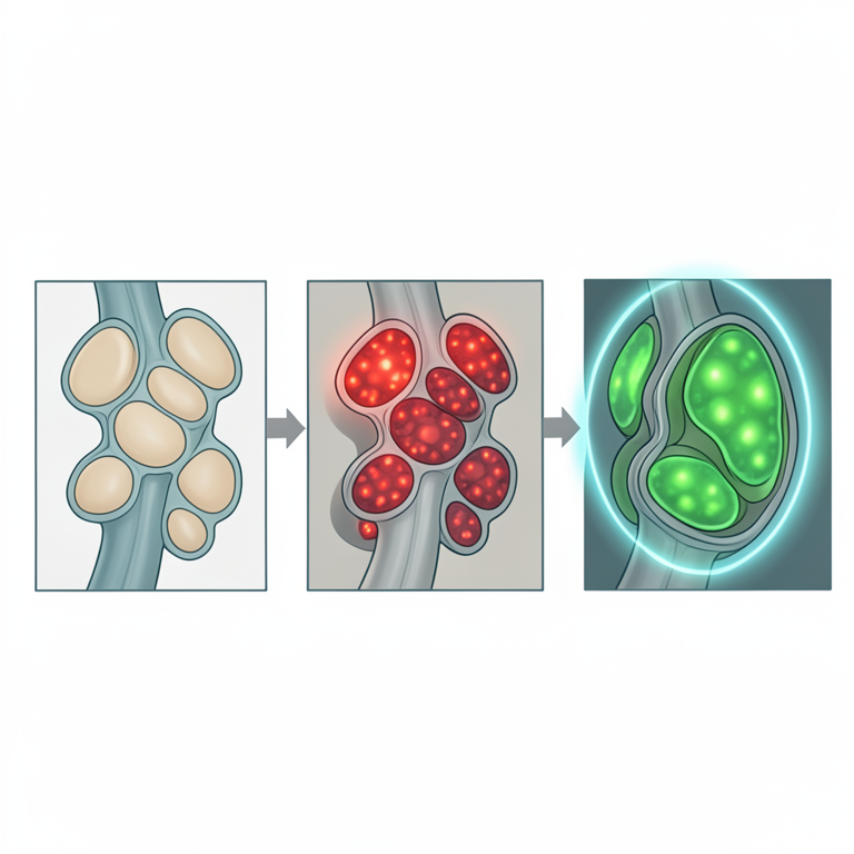 AI-generated conceptual illustration (human skeletal muscle cells). It explains the idea and does not show study data.