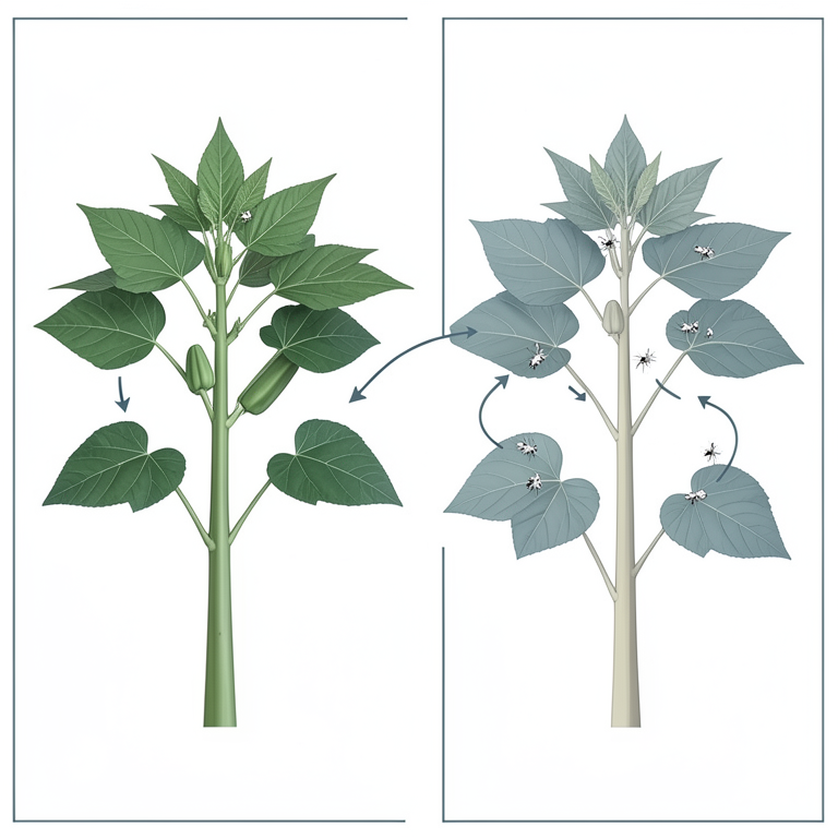 AI-generated conceptual illustration (okra plants (Abelmoschus esculentus)). It explains the idea and does not show study data.