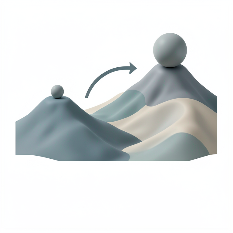 AI-generated conceptual illustration (A 3D mathematical landscape of undulating hills and valleys). It explains the idea and does not show study data.