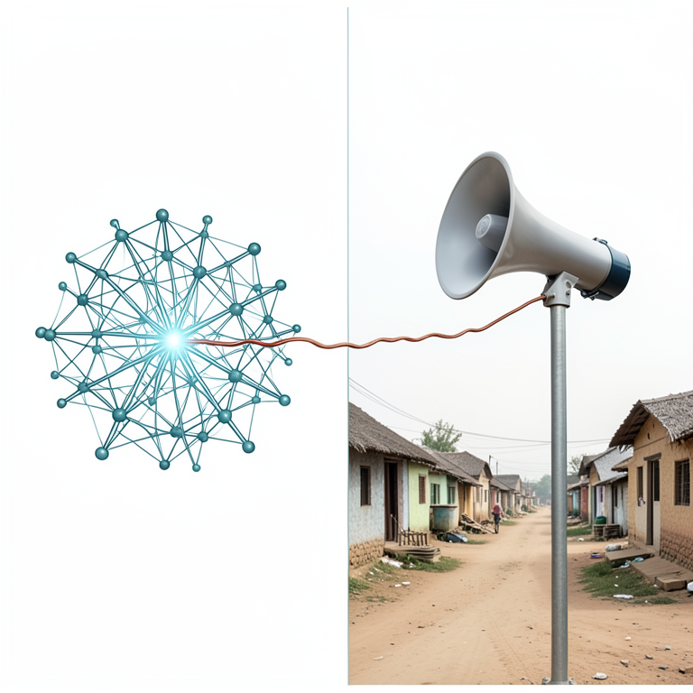 AI-generated conceptual illustration (A rural Indian village with a loudspeaker pole and a digital neural network visualization). It explains the idea and does not show study data.