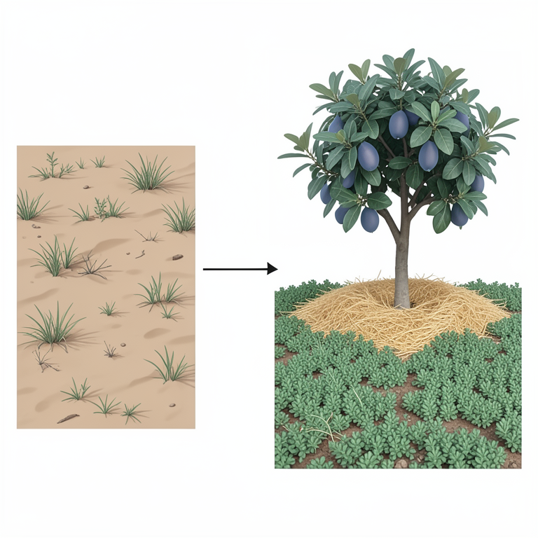 AI-generated conceptual illustration (guava trees in a desert soil environment). It explains the idea and does not show study data.