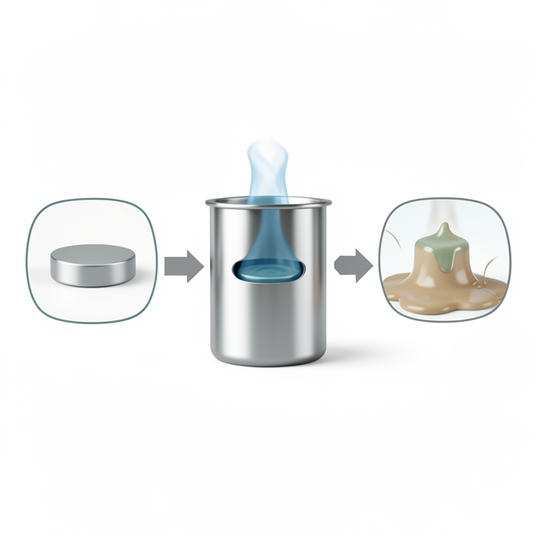 AI-generated conceptual illustration (a metallic alloy sample in a calorimetry cell). It explains the idea and does not show study data.