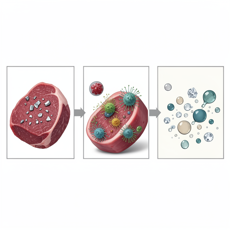 AI-generated conceptual illustration (Raw beef and pork cuts). It explains the idea and does not show study data.