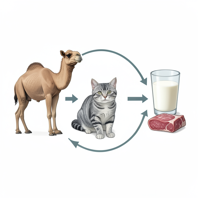 AI-generated conceptual illustration (Dromedary camels (Camelus dromedarius) and domestic cats). It explains the idea and does not show study data.