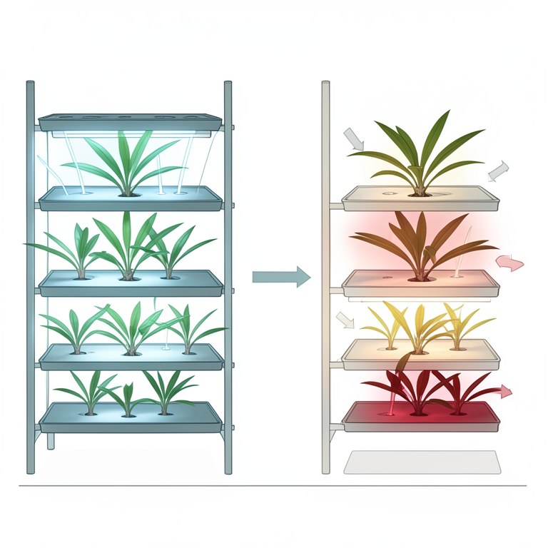 AI-generated conceptual illustration (coconut seedlings in a vertical farming system). It explains the idea and does not show study data.