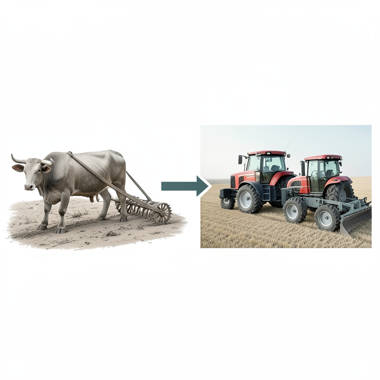 AI-generated conceptual illustration (Indian farmland with draft oxen and modern tractors). It explains the idea and does not show study data.