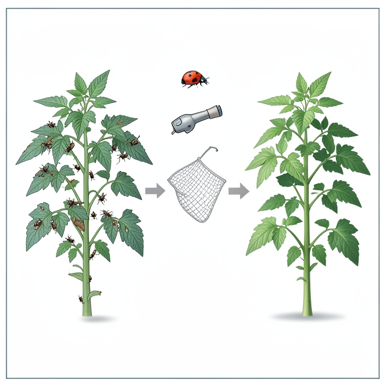 AI-generated conceptual illustration (Tomato plants and common insect pests). It explains the idea and does not show study data.
