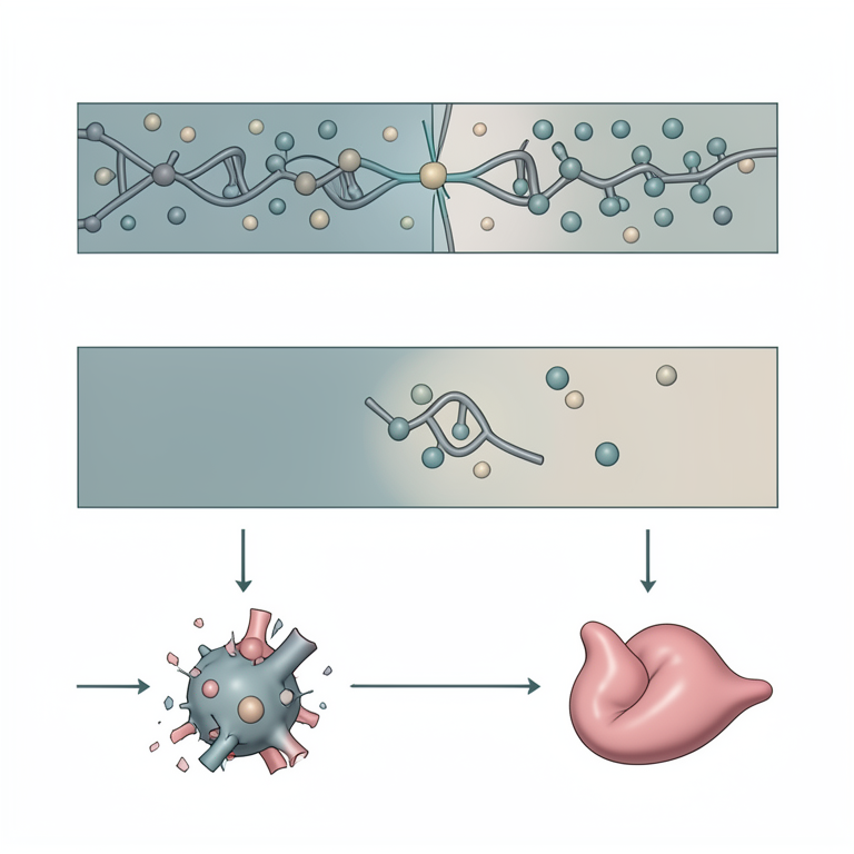 AI-generated conceptual illustration (Human breast tissue cells and BRCA1 protein molecules). It explains the idea and does not show study data.