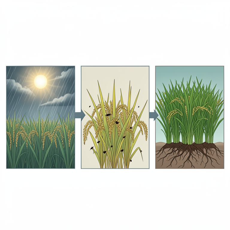 AI-generated conceptual illustration (Rice plants (Oryza sativa) in a field). It explains the idea and does not show study data.