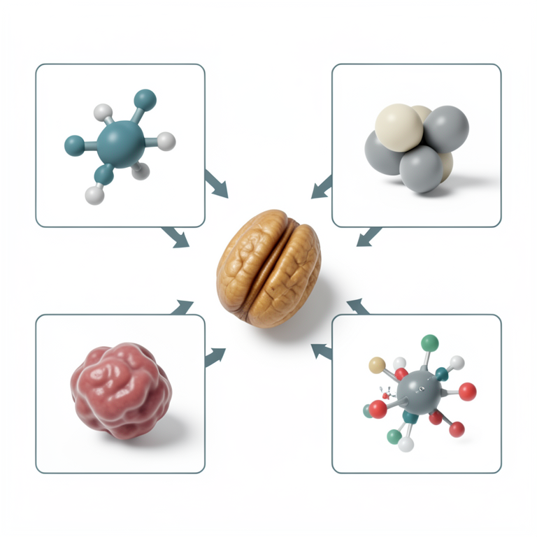 AI-generated conceptual illustration (Carya illinoinensis (Pecan Tree) nuts and shells). It explains the idea and does not show study data.