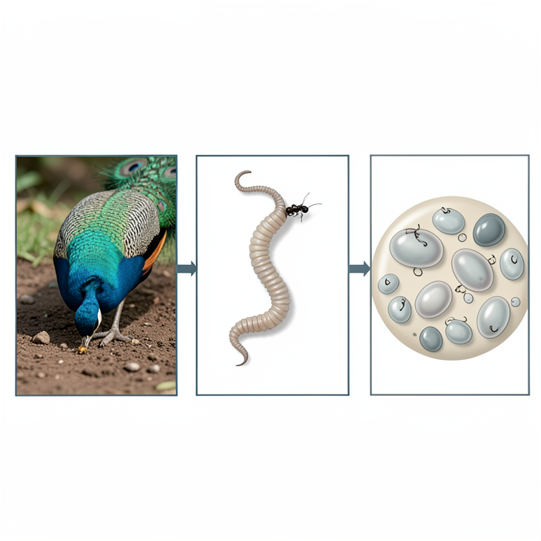 AI-generated conceptual illustration (Indian Peafowl (Pavo cristatus) and Raillietina tapeworms). It explains the idea and does not show study data.
