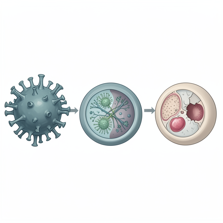 AI-generated conceptual illustration (Human respiratory epithelial cells and coronaviruses). It explains the idea and does not show study data.