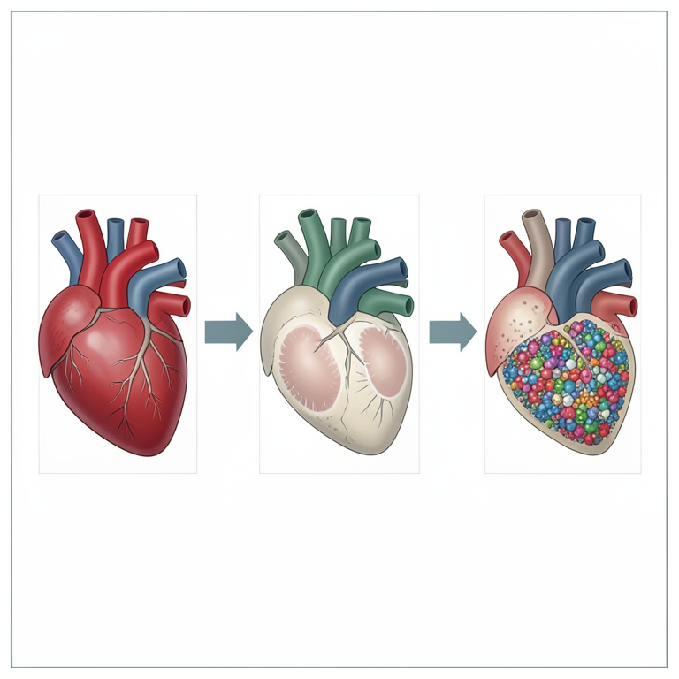 AI-generated conceptual illustration (human heart tissue and blood serum). It explains the idea and does not show study data.