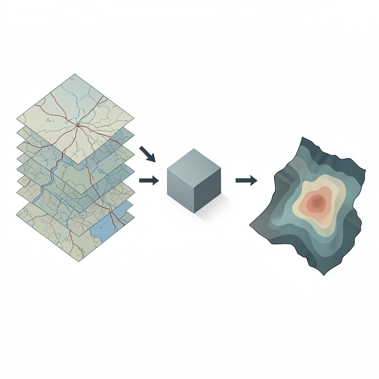 AI-generated conceptual illustration (A geographical landscape of Sikar city, India, represented as a series of stacked map layers). It explains the idea and does not show study data.
