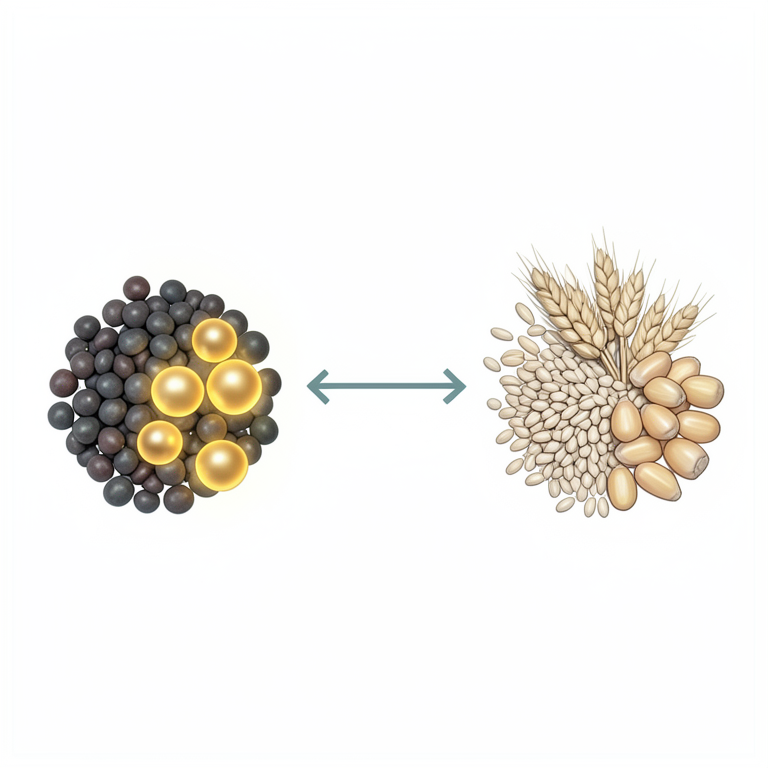 AI-generated conceptual illustration (quinoa seeds, amaranth seeds, wheat grains, rice grains, and maize kernels). It explains the idea and does not show study data.