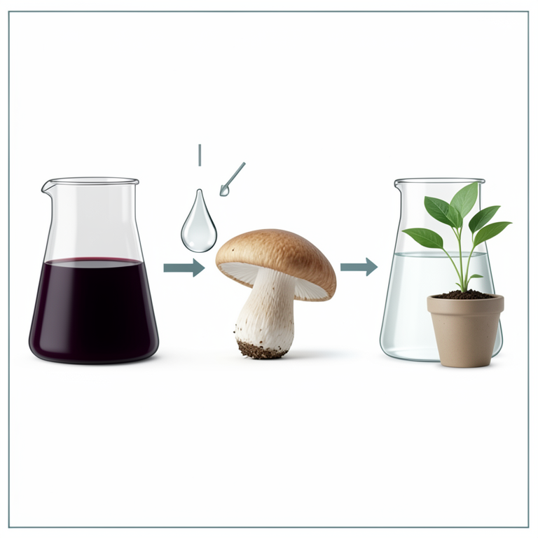 AI-generated conceptual illustration (Pleurotus djamor fungus and synthetic textile dyes). It explains the idea and does not show study data.