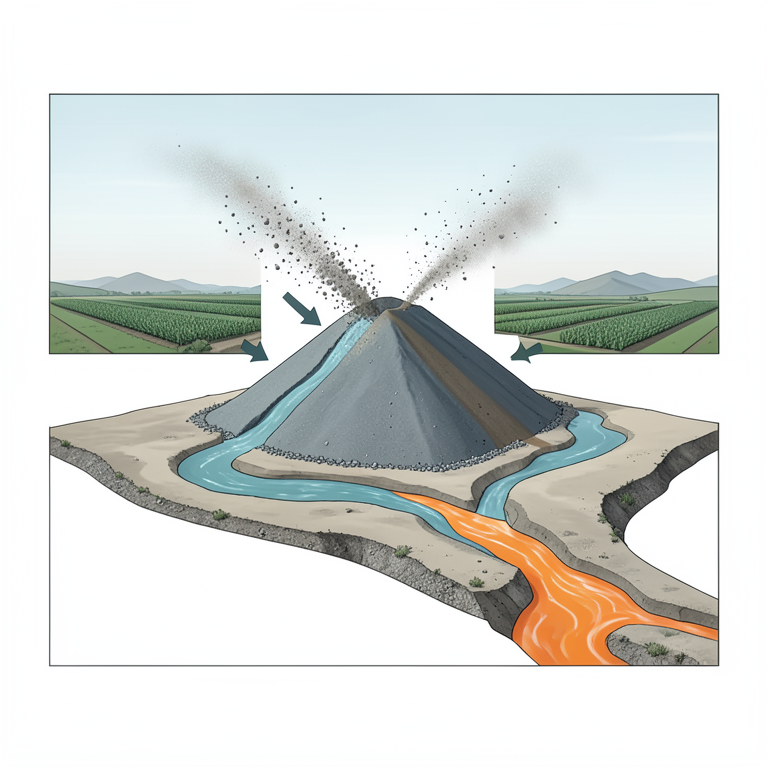 AI-generated conceptual illustration (mining tailings deposit in the Bolivian altiplano). It explains the idea and does not show study data.