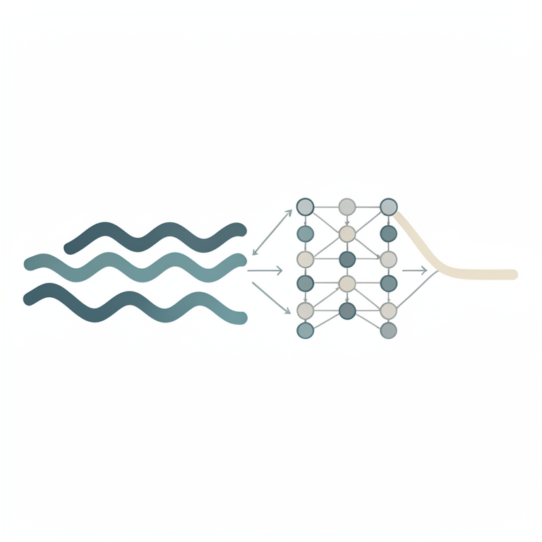AI-generated conceptual illustration (A digital signal processing workflow consisting of a complex waveform and a neural network architecture). It explains the idea and does not show study data.