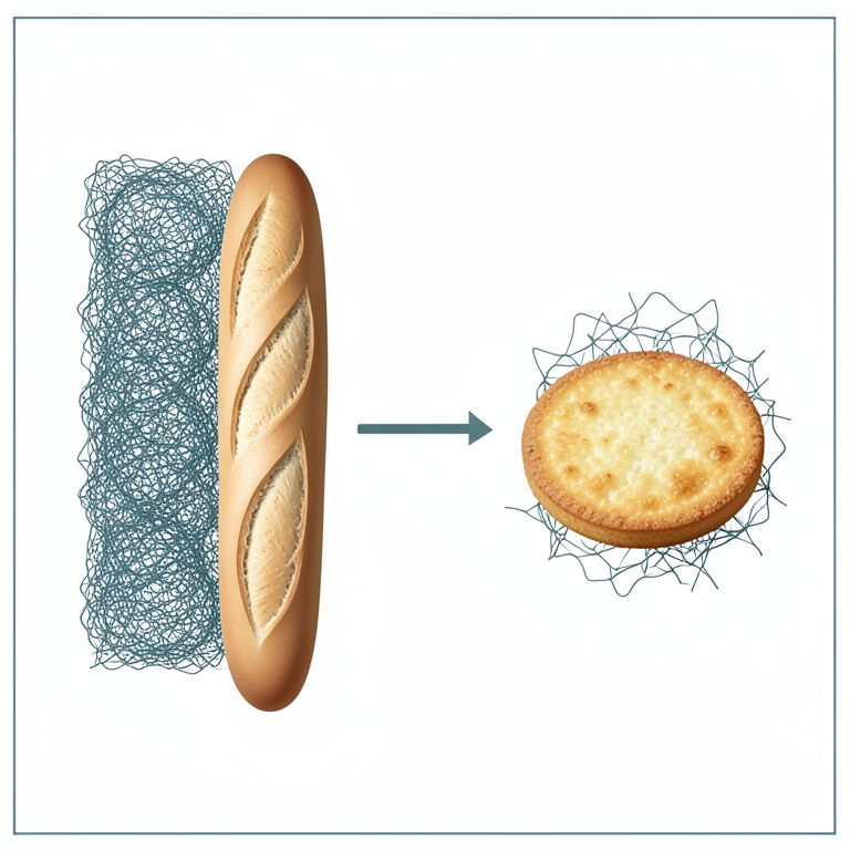 AI-generated conceptual illustration (Wheat gluten protein networks and baked biscuits). It explains the idea and does not show study data.