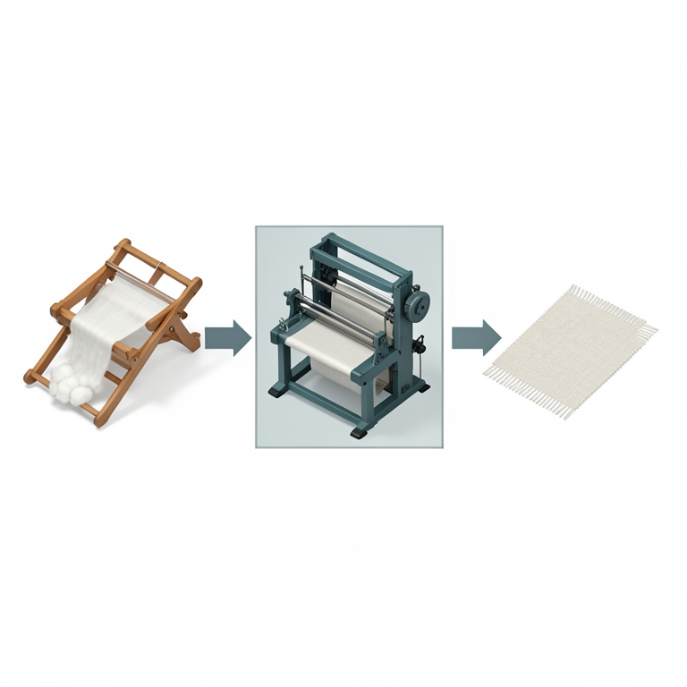 AI-generated conceptual illustration (Traditional hand-loom textile weaving equipment in a rural Nigerian farm setting). It explains the idea and does not show study data.