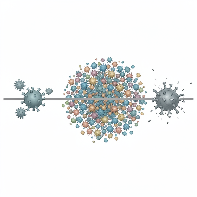 AI-generated conceptual illustration (HIV virus particles and human T-cells). It explains the idea and does not show study data.
