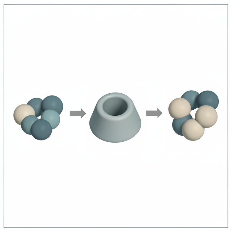 AI-generated conceptual illustration (Cyclodextrin molecules and amino acid enantiomers). It explains the idea and does not show study data.
