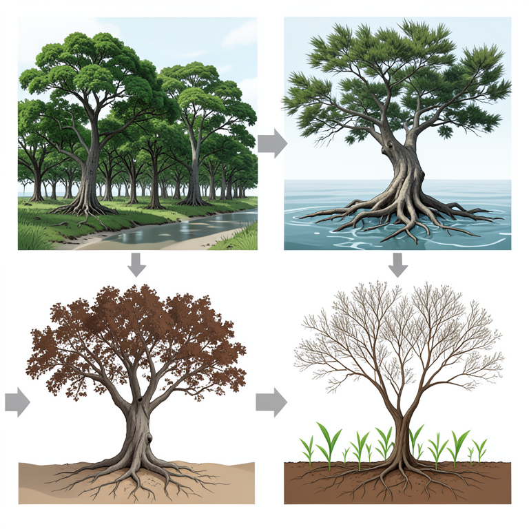 AI-generated conceptual illustration (Casuarina plantation forest in a coastal wildlife sanctuary). It explains the idea and does not show study data.