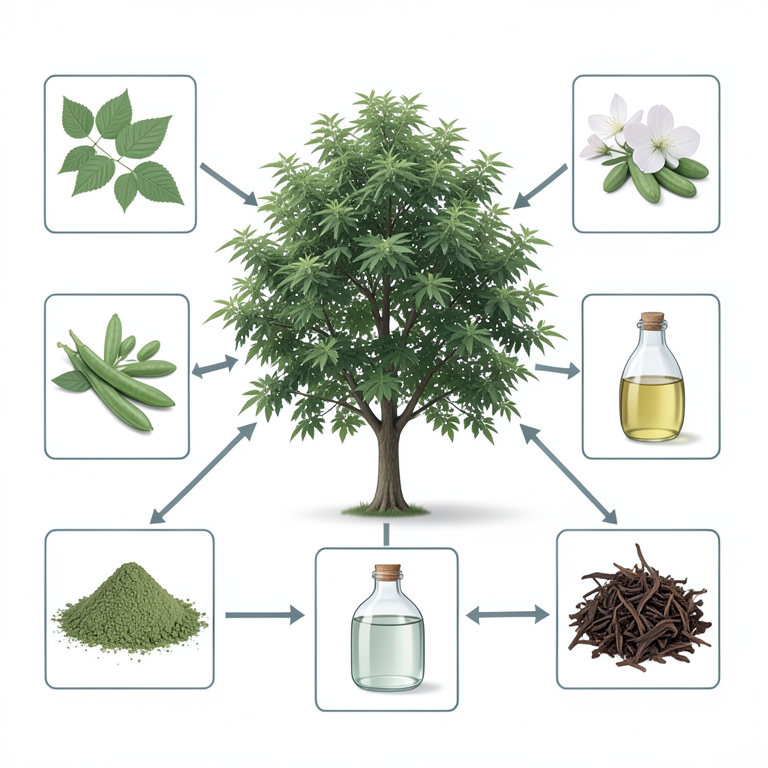 AI-generated conceptual illustration (Moringa oleifera tree). It explains the idea and does not show study data.