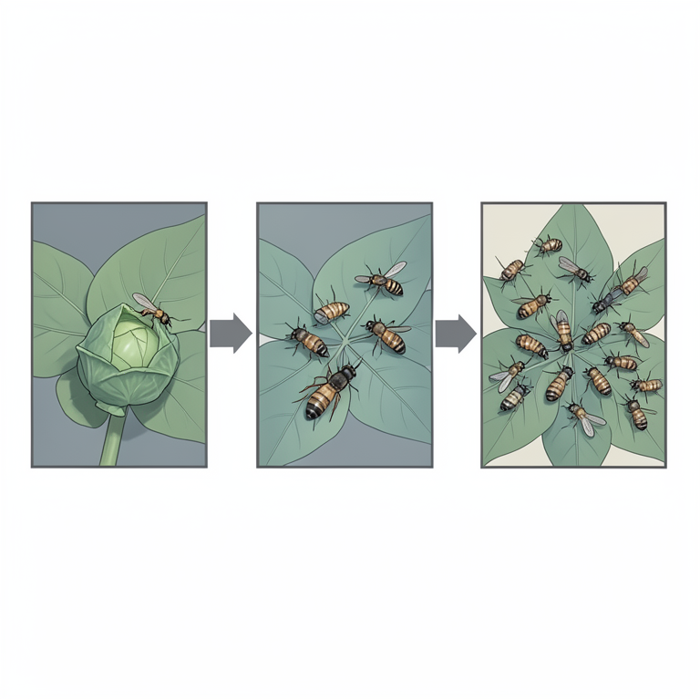 AI-generated conceptual illustration (Cabbage butterfly larvae (Pieris brassicae nepalensis) and Cotesia glomerata parasitoid wasps on crucifer leaves). It explains the idea and does not show study data.