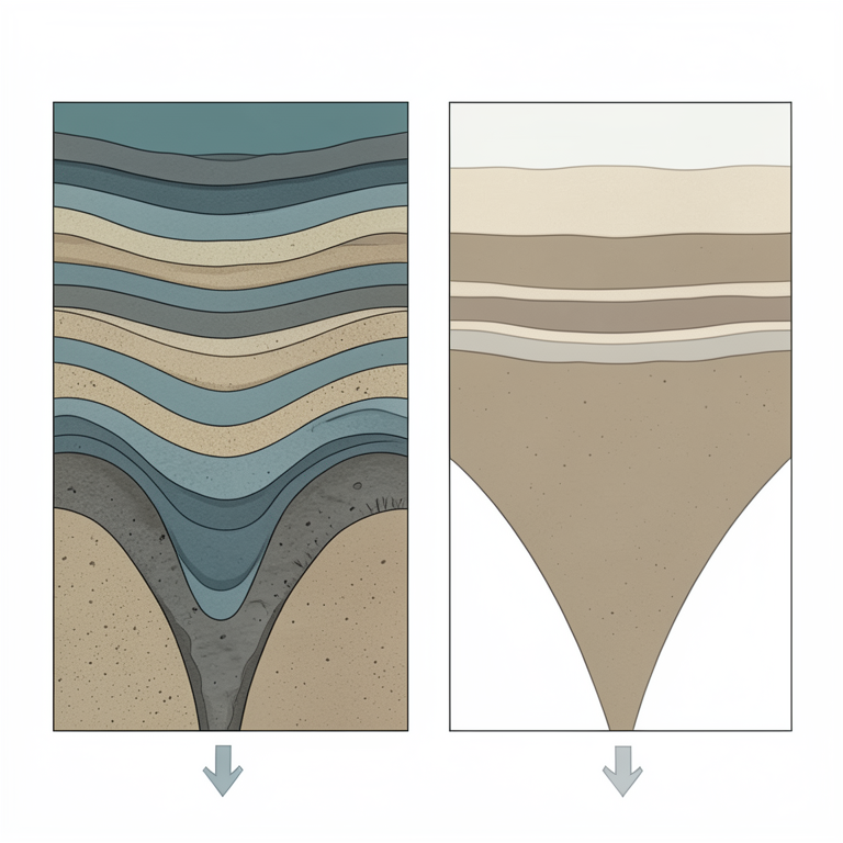 AI-generated conceptual illustration (Deep-sea sediment layers in the Bengal Fan). It explains the idea and does not show study data.