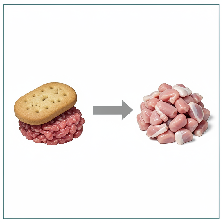 AI-generated conceptual illustration (dog biscuits and raw chicken meat and chicken skin). It explains the idea and does not show study data.