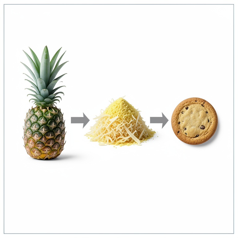 AI-generated conceptual illustration (pineapple fruit, pineapple pomace powder, and cookies). It explains the idea and does not show study data.
