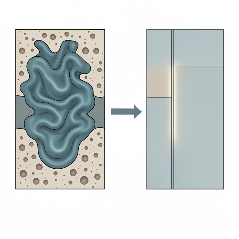 AI-generated conceptual illustration (two superposed viscous fluids saturating a porous medium). It explains the idea and does not show study data.