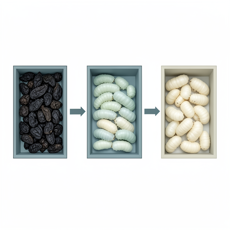 AI-generated conceptual illustration (Bivoltine double hybrid silkworms on rearing beds). It explains the idea and does not show study data.