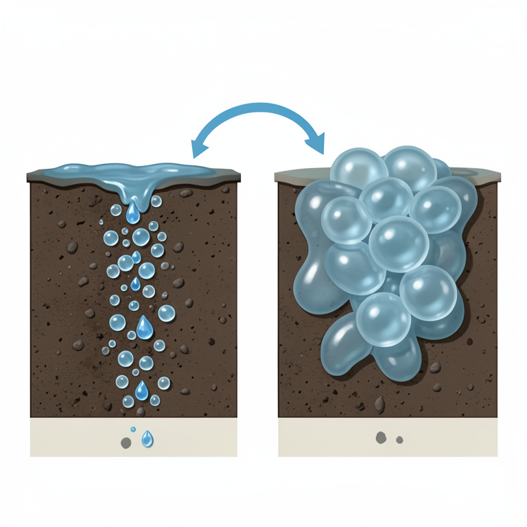 AI-generated conceptual illustration (soil profiles with superabsorbent polymers). It explains the idea and does not show study data.