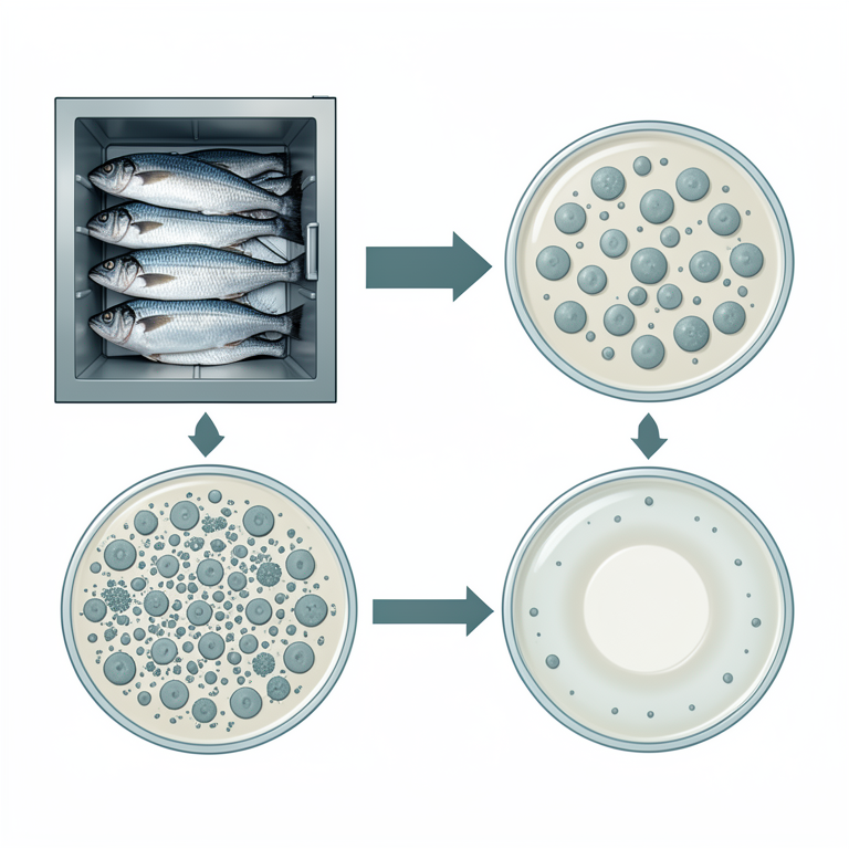 AI-generated conceptual illustration (frozen fish fillets and bacterial colonies in petri dishes). It explains the idea and does not show study data.