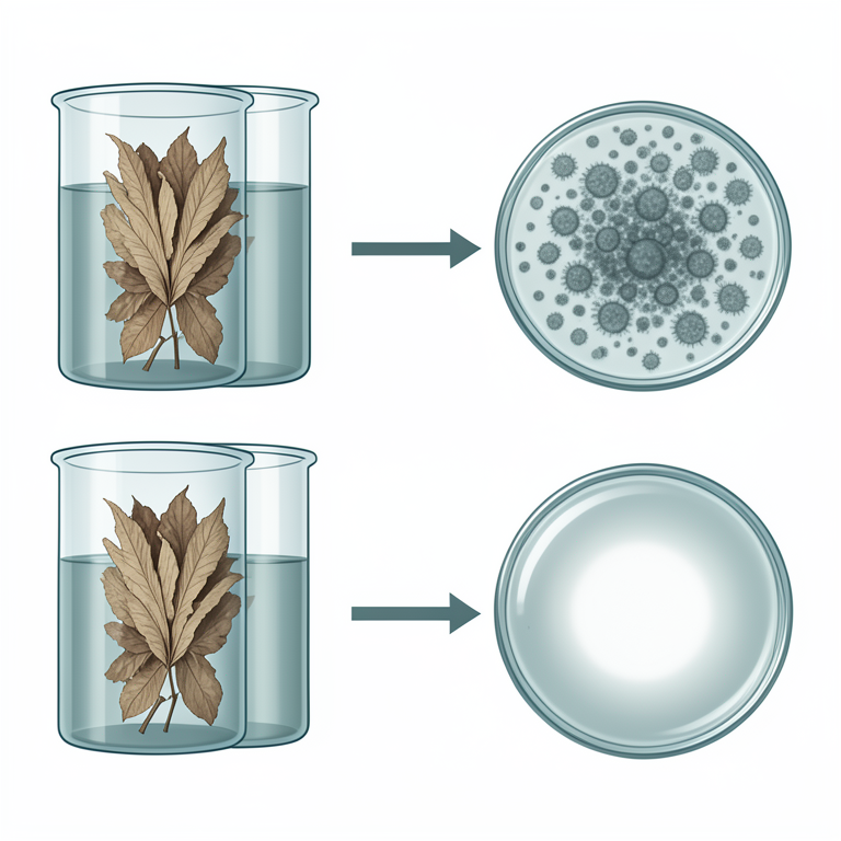 AI-generated conceptual illustration (Medicinal plant leaves and bacterial colonies in petri dishes). It explains the idea and does not show study data.