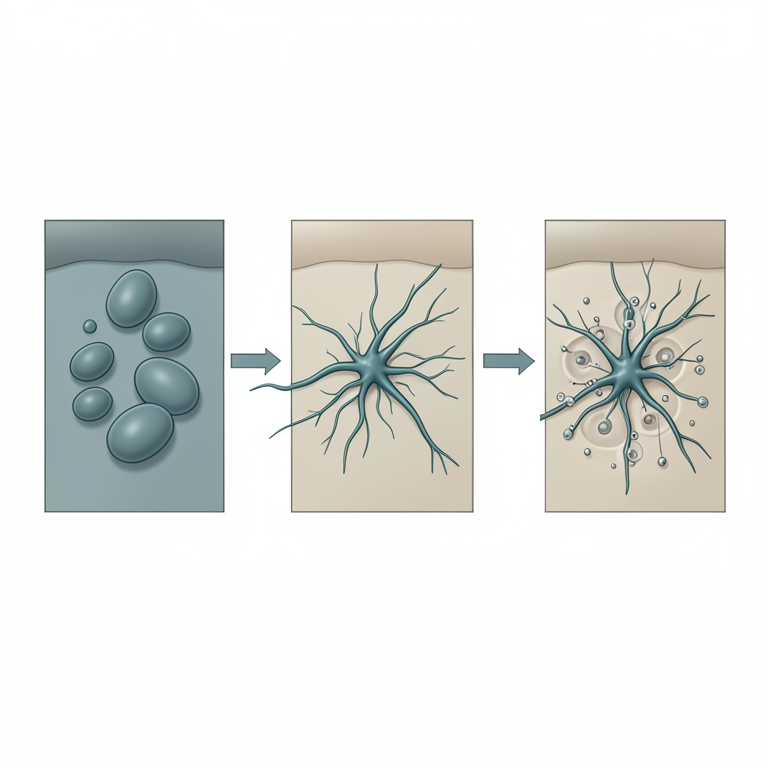 AI-generated conceptual illustration (Candida albicans fungi and human epithelial cells). It explains the idea and does not show study data.