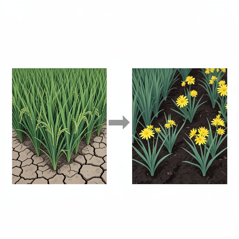 AI-generated conceptual illustration (Rice plants and Toria (mustard) plants in a field setting). It explains the idea and does not show study data.