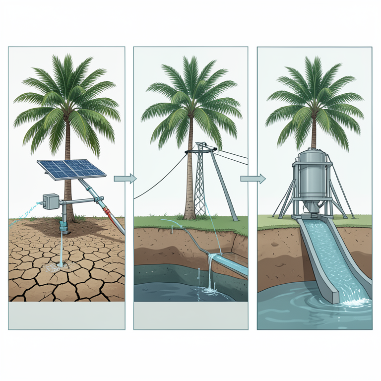 AI-generated conceptual illustration (coconut palms in groundwater-fed irrigation systems). It explains the idea and does not show study data.