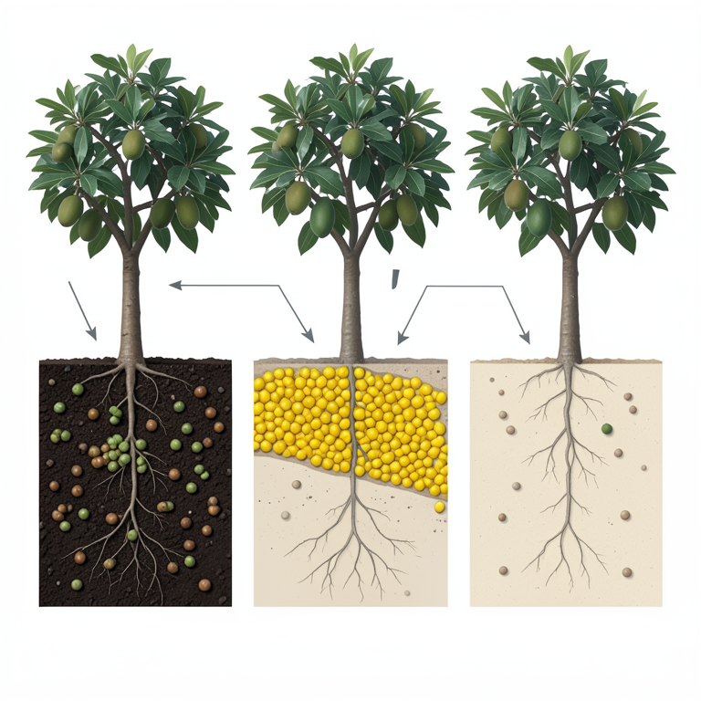 AI-generated conceptual illustration (Breadfruit trees (Artocarpus altilis) planted in arid desert soil). It explains the idea and does not show study data.