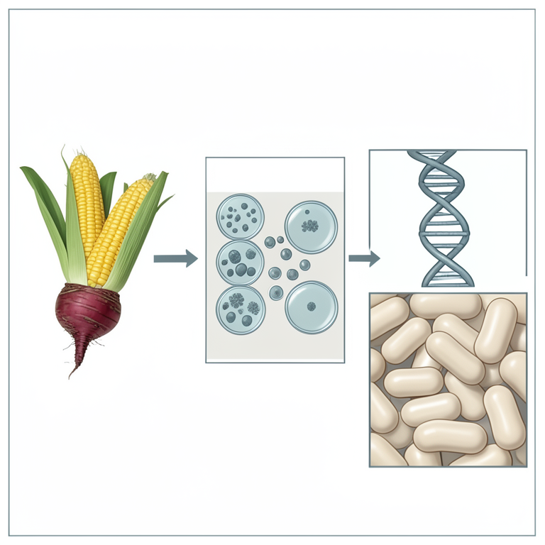 AI-generated conceptual illustration (beet root, sweet corn, and lactic acid bacteria). It explains the idea and does not show study data.
