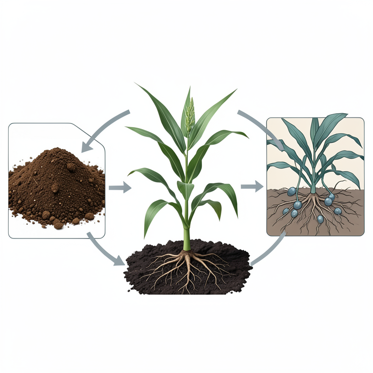 AI-generated conceptual illustration (maize plants in soil). It explains the idea and does not show study data.
