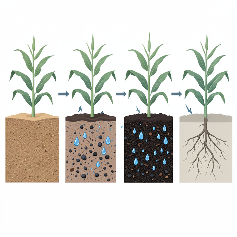 AI-generated conceptual illustration (Agricultural soil profiles with maize plants). It explains the idea and does not show study data.