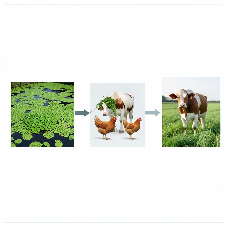 AI-generated conceptual illustration (Azolla aquatic fern, dairy cows, and broiler chickens). It explains the idea and does not show study data.