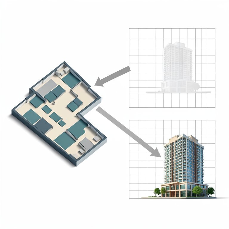AI-generated conceptual illustration (hotel room layout and occupancy grid). It explains the idea and does not show study data.