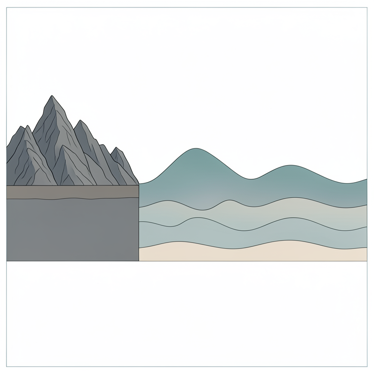 AI-generated conceptual illustration (A geological cross-section of the Tehran basin, featuring a mountain range transitioning into an alluvial plain.). It explains the idea and does not show study data.
